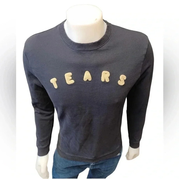 Zara Man Tears  Blue Knit Embroidered Pullover Sweater Size Medium - Picture 3 of 10